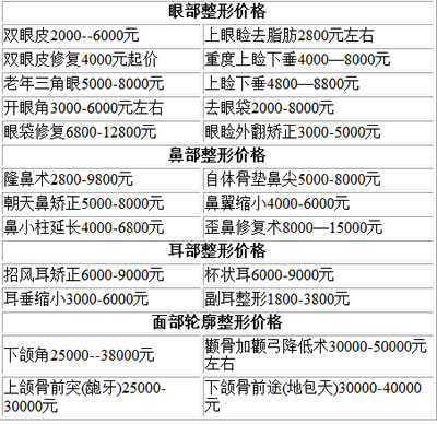 上海九院整形科价格表